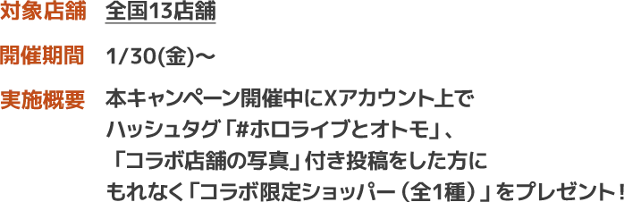 対象店舗　全国13店舗　開催期間　1/30(金)～　実施概要　本キャンペーン開催中にXアカウント上でハッシュタグ「#ホロライブとオトモ」、「コラボ店舗の写真」付き投稿をした方にもれなく「コラボ限定ショッパー（全1種）」をプレゼント！