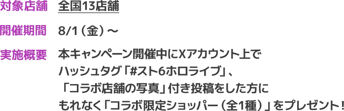 
                        対象店舗 全国13店舗、開催期間 8/1（金）〜、実施概要 本キャンペーン開催中にXアカウント上で
                        ハッシュタグ「#スト6ホロライブ」、「コラボ店舗の写真」付き投稿をした方にもれなく「コラボ限定ショッパー（全1種）」をプレゼント！
                        