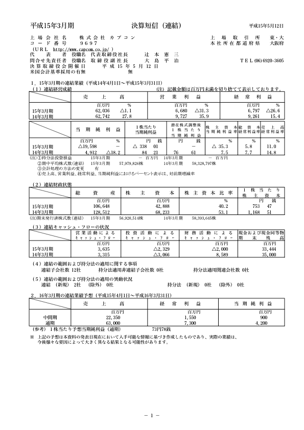 2003/3期　決算短信