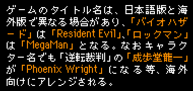 ゲームのタイトル名は、日本語版と海外版で異なる場合があり、「バイオハザード」は「Resident Evil」、「ロックマン」は「MegaMan」となる。なおキャラクター名でも「逆転裁判」の「成歩堂龍一」が「Phoenix Wright」になる等、海外向けにアレンジされる。