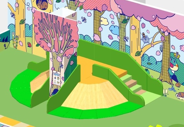 ばねっ太マウンテンの完成イメージ。桜の木の絵が描かれた壁の前に、滑り台のある島型の遊具がある（公式のCGイメージ）