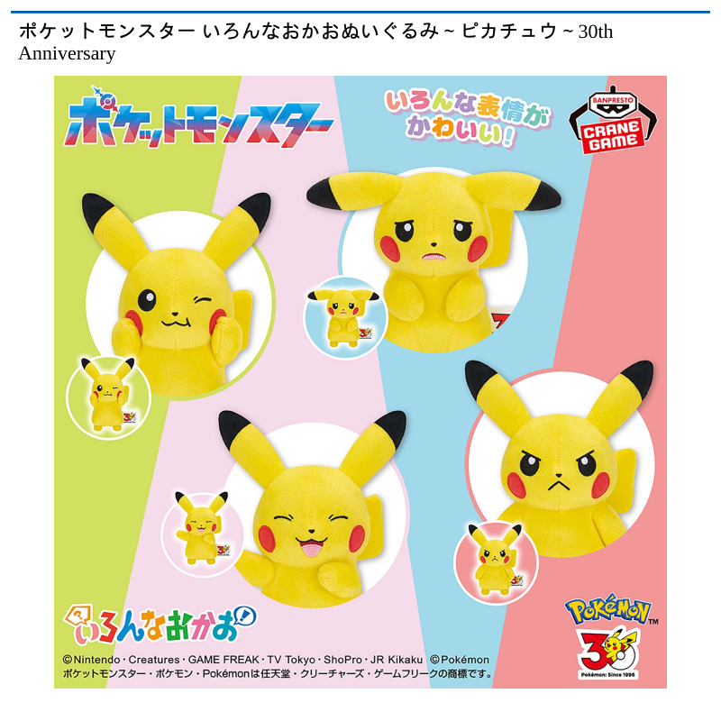ポケットモンスター いろんなおかおぬいぐるみ～ピカチュウ～30th Anniversary
