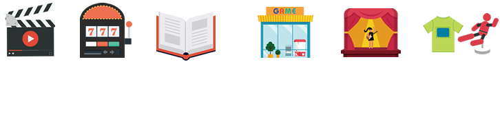 映画（ハリウッド映画、劇場アニメ、CG映画） /遊技機（メダルゲーム、パチンコ・パチスロ）/出版（攻略本、イラスト集、コミック）/アミューズメント施設（ショッピングセンターが多、大型店舗）/イベント（コンサート、舞台）/キャラクターグッズ（フィギュア、Tシャツ、食品など）