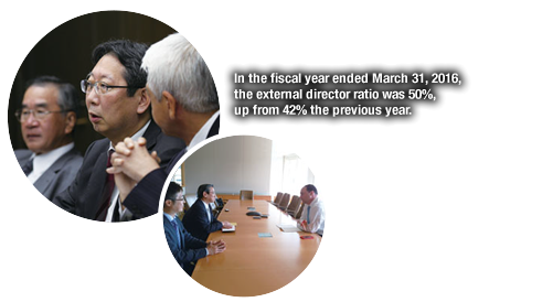In the fiscal year ended March 31, 2016, the external director ratio was 50%, up from 42% the previous year./ In the fiscal year ended March 31, 2017, meetings were held with shareholders and investors 362 times.