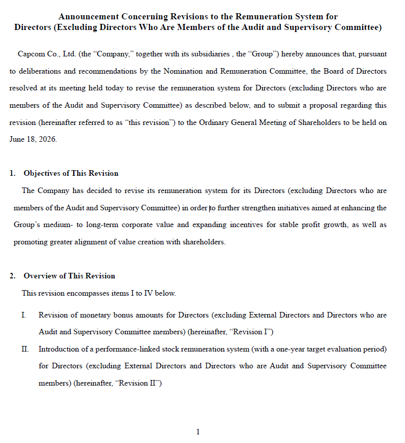 Announcement Concerning Revisions to the Remuneration System for Directors (Excluding Directors Who Are Members of the Audit and Supervisory Committee)-Page 1